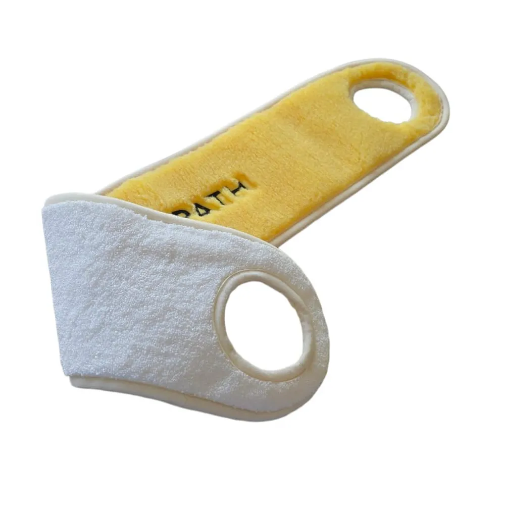 Raypath dvipusė kūno pirštinė: balta pusė prausimuisi, geltona – pilingui